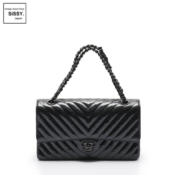 ■シャネル■ Vステッチ Wフラップ Ｗチェーンショルダーバッグ エナメルレザー ダークグレー ブラック 【CHANEL】