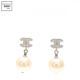 ■シャネル■ ココマーク ピアス フェイクパール シルバー アイボリー ラインストーン 18V 【CHANEL】
