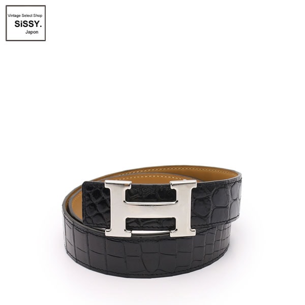 ■エルメス■ コンスタンス Hベルト クロコダイルポロサス ブラック シルバー金具 □B刻印 【HERMES】