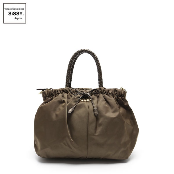 ■プラダ■ 2WAY ハンドバッグ ナイロン レザー ブラウン 編み込みハンドル  【PRADA】