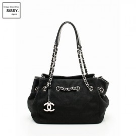 ■シャネル■ ココマーク シェブロン チェーンショルダーバッグ キャンバス レザー ブラック シルバー金具  【CHANEL】