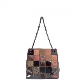 ■シャネル■ チェーンショルダーバッグ アイコンパッチワーク レザー/エナメル/ハラコ/オーストリッチ ブラウン 【CHANEL】