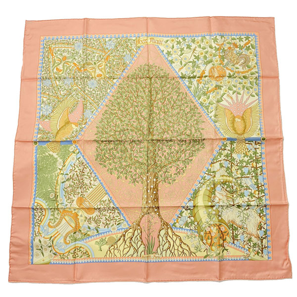 ■エルメス■ スカーフ カレ90「AXIS MUNDI (世界の中心軸)」シルク ピンク系 【HERMES】