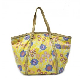 ■シャネル■ トートバッグ キャンバス レザー ラフィア フラワープリント イエロー 【CHANEL】