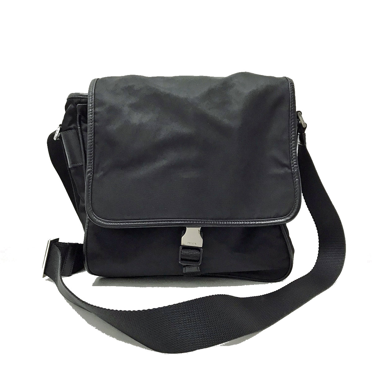 PRADA プラダ メッセンジャー ショルダーバッグ ナイロン レザー ブラック シルバー金具