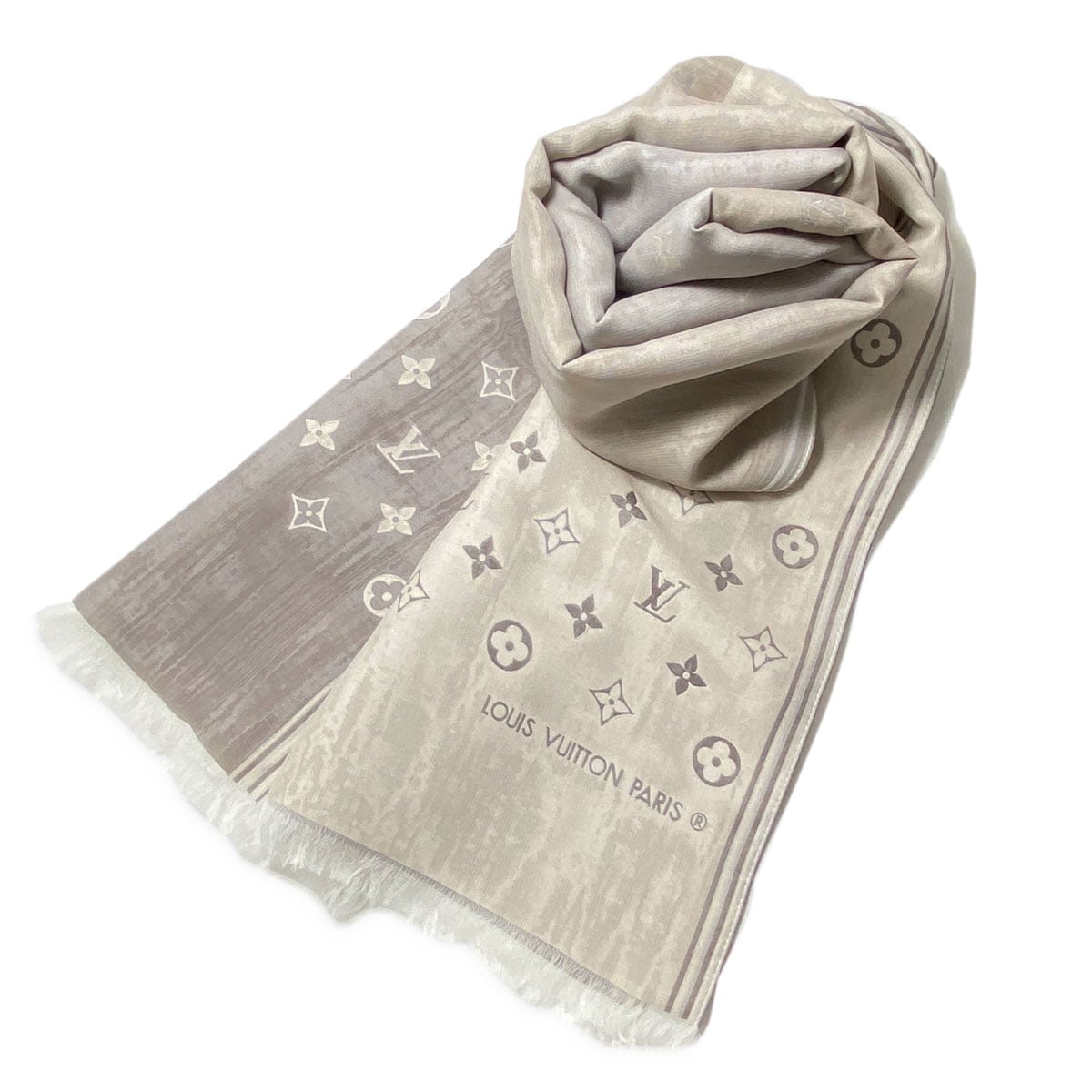 LOUIS VUITTON ルイヴィトン モノグラム ストール シルク100％ シルバー×ゴールド