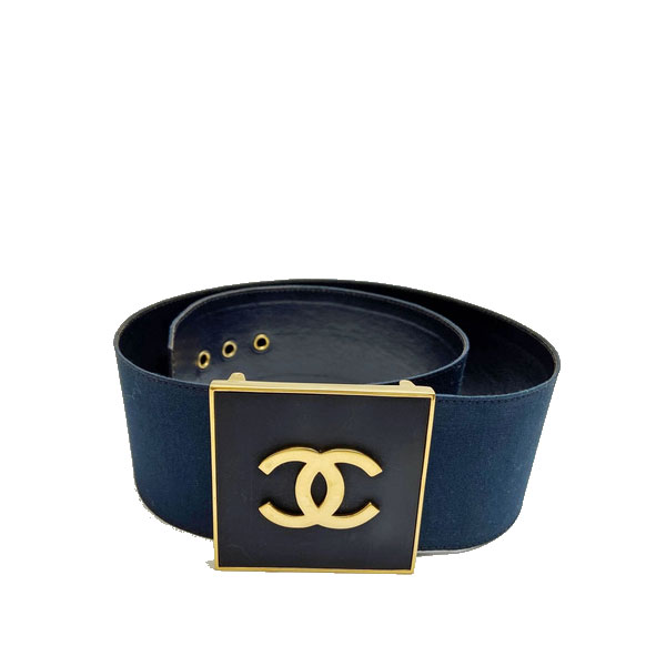 CHANEL シャネル ベルト ビッグバックル キャンバス レザー ネイビー ブラック ゴールド金具 ヴィンテージ
