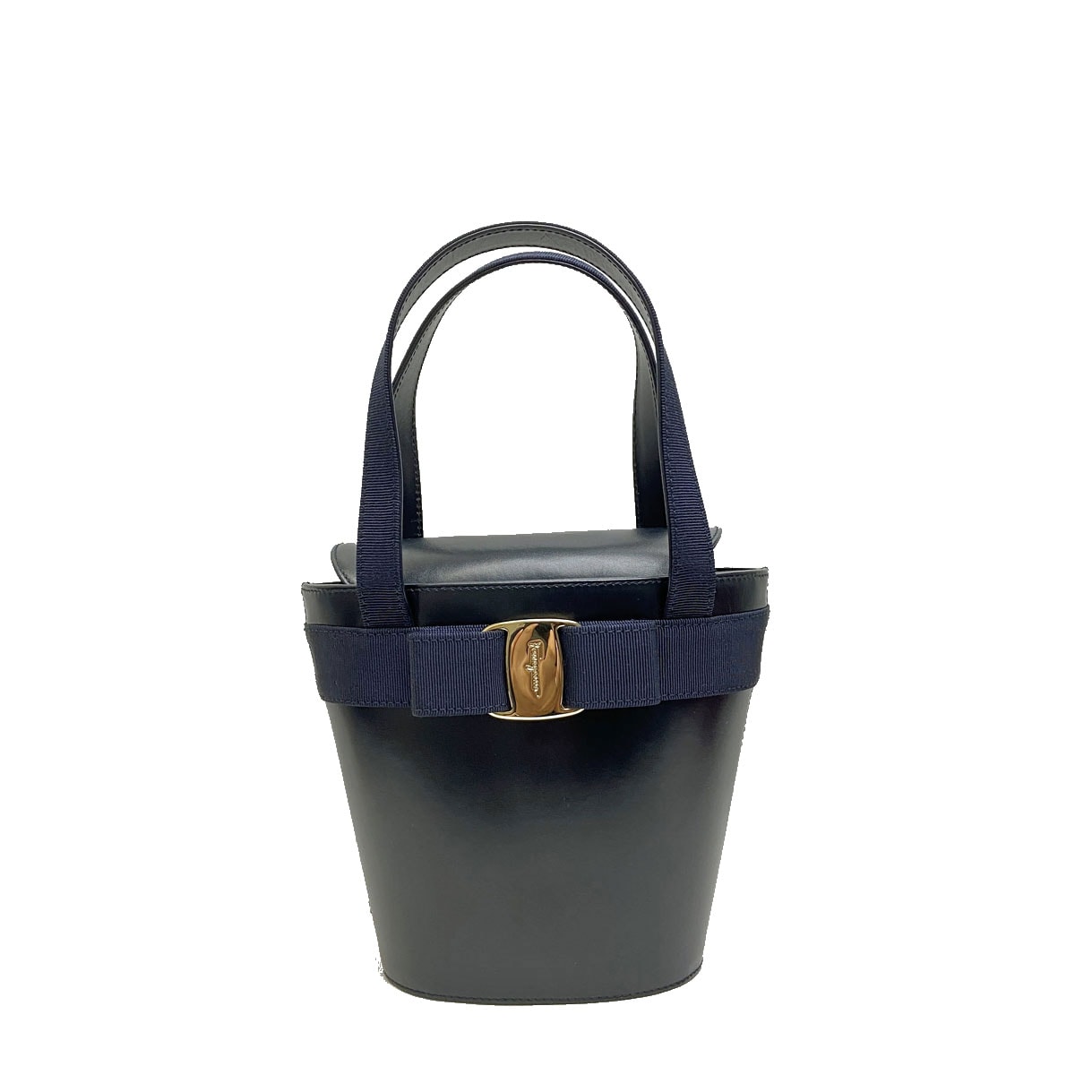 Salvatore Ferragamo フェラガモ ヴァラリボン ハンドバッグ レザー ネイビー/ゴールド金具 BA216161