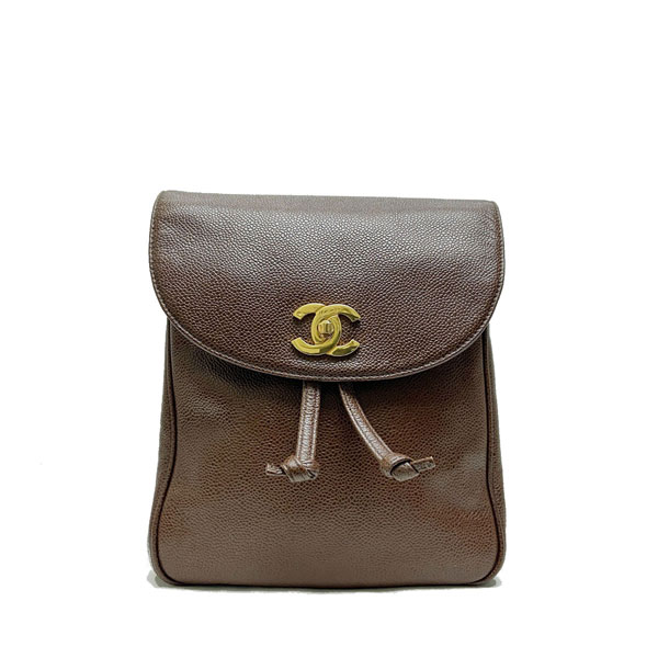CHANEL シャネル キャビアスキンリュックサック ブラウン/ゴールド金具 3番台（1995年頃製造）