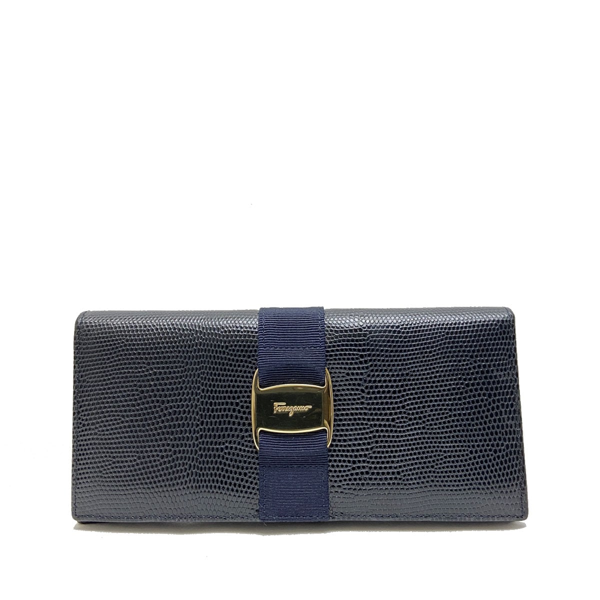Salvatore Ferragamo サルヴァトーレ フェラガモ ヴァラ 二つ折り長財布 リザード型押しレザー ネイビー ゴールド金具