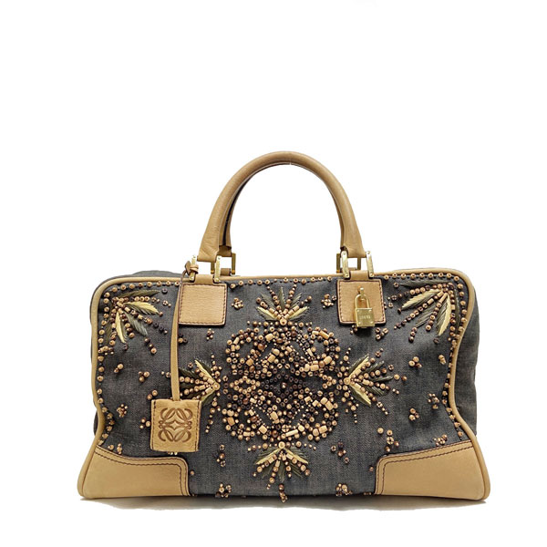 LOEWE ロエベ アマソナ36 ハンドバッグ ウッドビーズ キャンバス レザー インディゴブルー ブラウン系 2007年限定