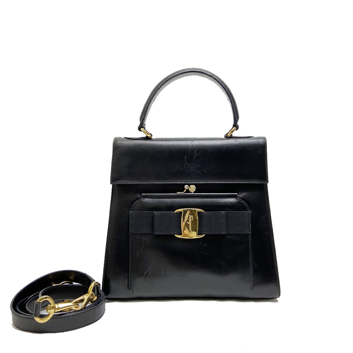 Salvatore Ferragamo サルヴァトーレ フェラガモ ヴァラ 2WAY ハンドバッグ ショルダーバッグ がま口 レザー ブラック ゴールド金具
