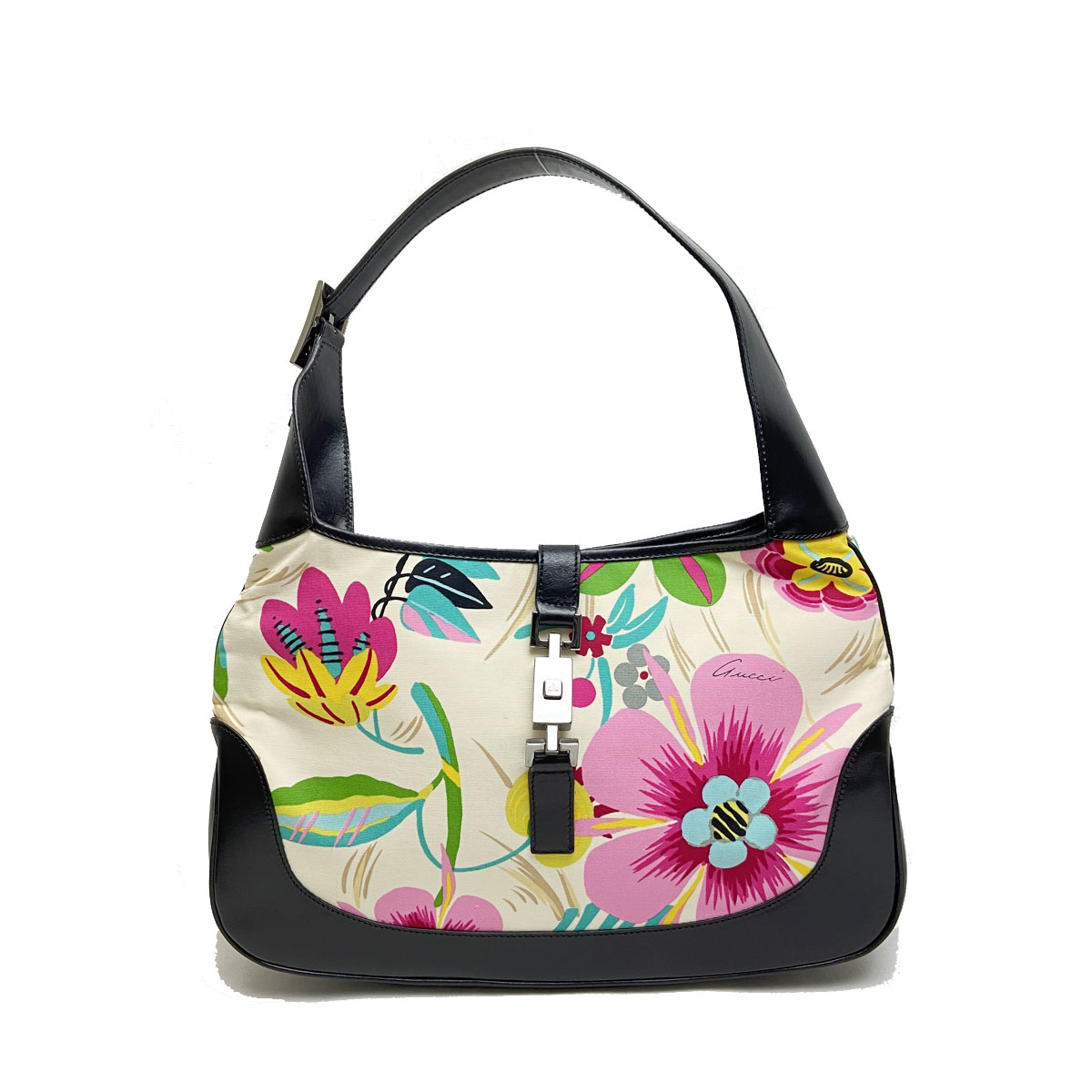 GUCCI グッチ ジャッキー ワンショルダーバッグ キャンバス レザー 花柄 ブラック マルチカラー 001.3306 001998