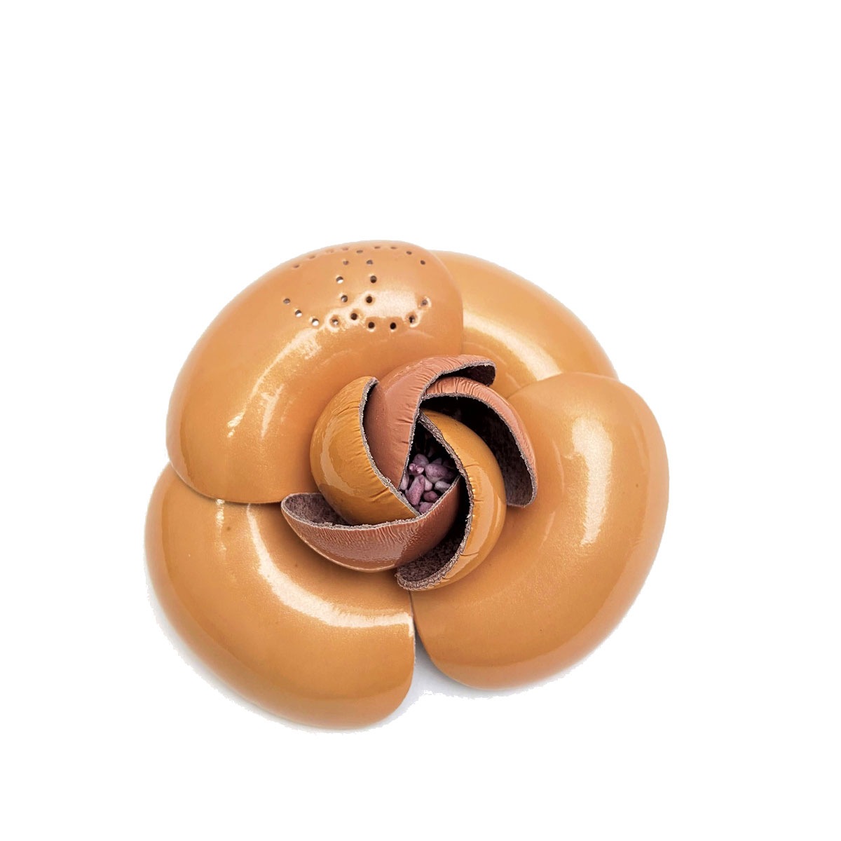 CHANEL シャネル コサージュ ブローチ エナメルレザー カメリア ブラウン系