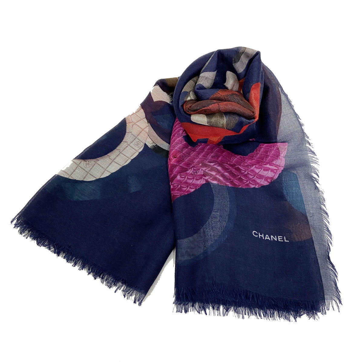 CHANEL シャネル 大判ストール 約140cm ココマーク カシミア/シルク ネイビー マルチカラー