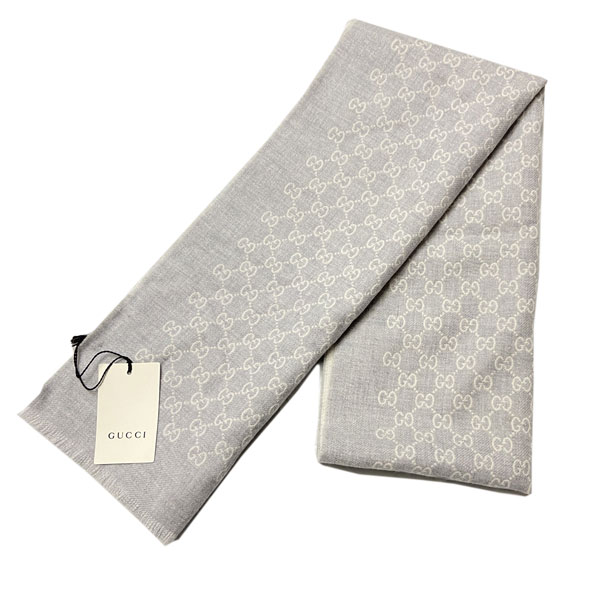 GUCCI グッチ マフラー GG ウール100％ ブルーグレー系 ホワイト