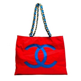 CHANEL シャネル チェーントートバッグ ココマーク ナイロンキャンバス レッド ブルー 2番台（1992年頃製造）