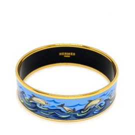 HERMES エルメス エマイユMM バングル ブレスレット 七宝 イルカ柄 ブルー ゴールド