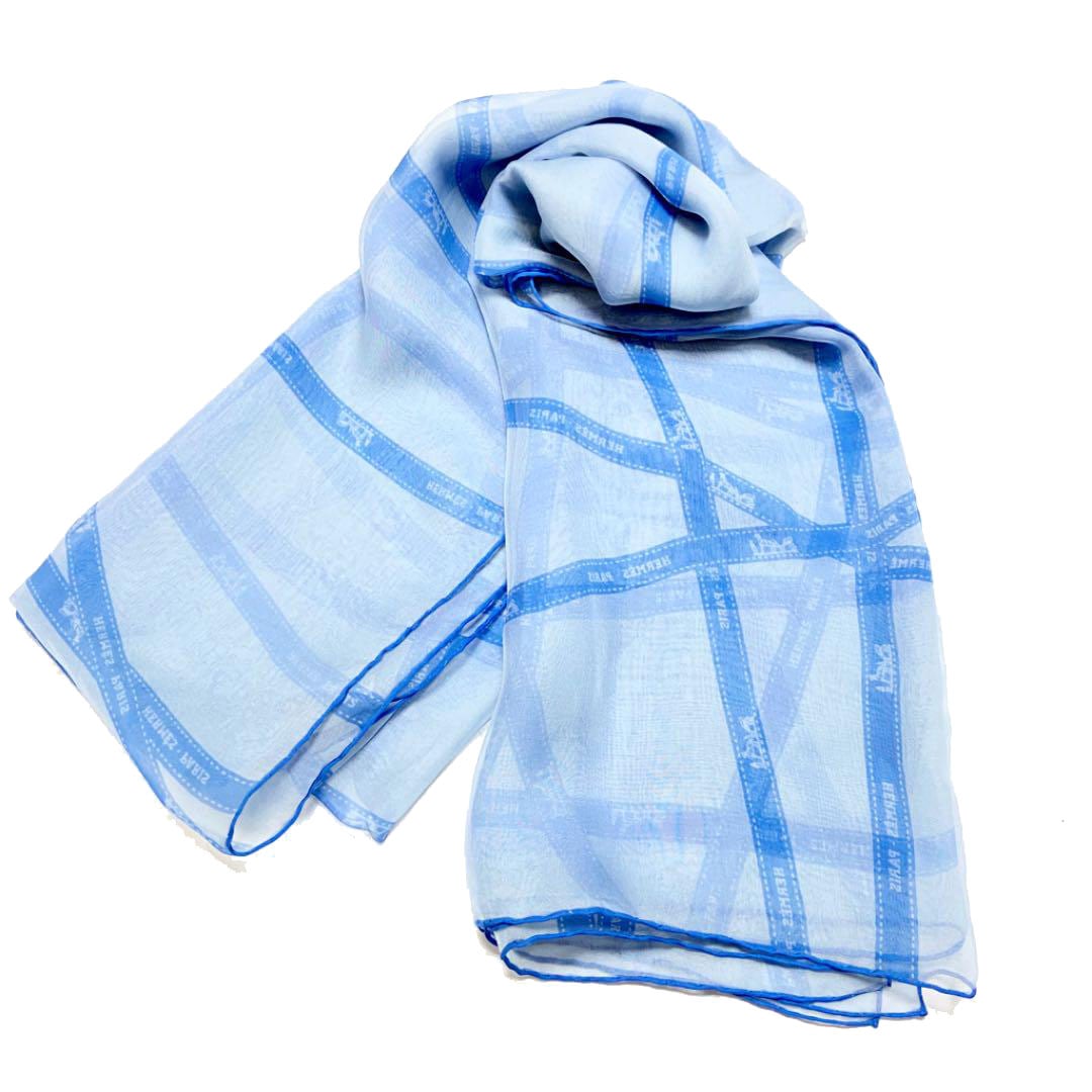 HERMES エルメス シフォンストール ロングスカーフ ボルデュック リボン柄 シルクモスリン ブルー