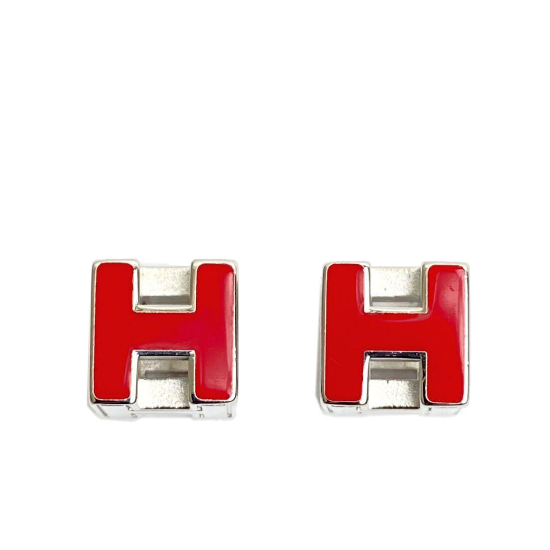 HERMES エルメス Hキューブピアス カージュドアッシュ レッド シルバー
