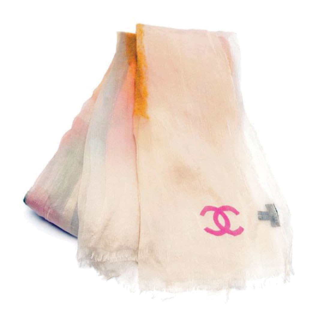 CHANEL シャネル 大判ストール ココマーク シルク カシミヤ ベージュ ブルー ピンク マルチカラー