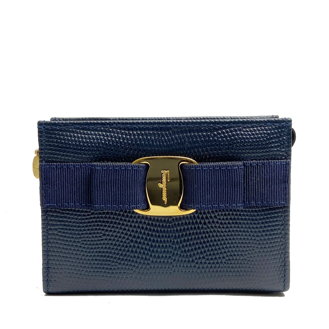 Salvatore Ferragamo サルヴァトーレ・フェラガモ ヴァラリボン 化粧ポーチ リザード 型押しレザー ネイビー ゴールド金具