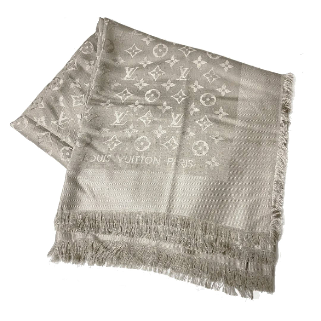 LOUIS VUITTON ルイヴィトン ショール・モノグラム シルク/ウール グレージュ M71336
