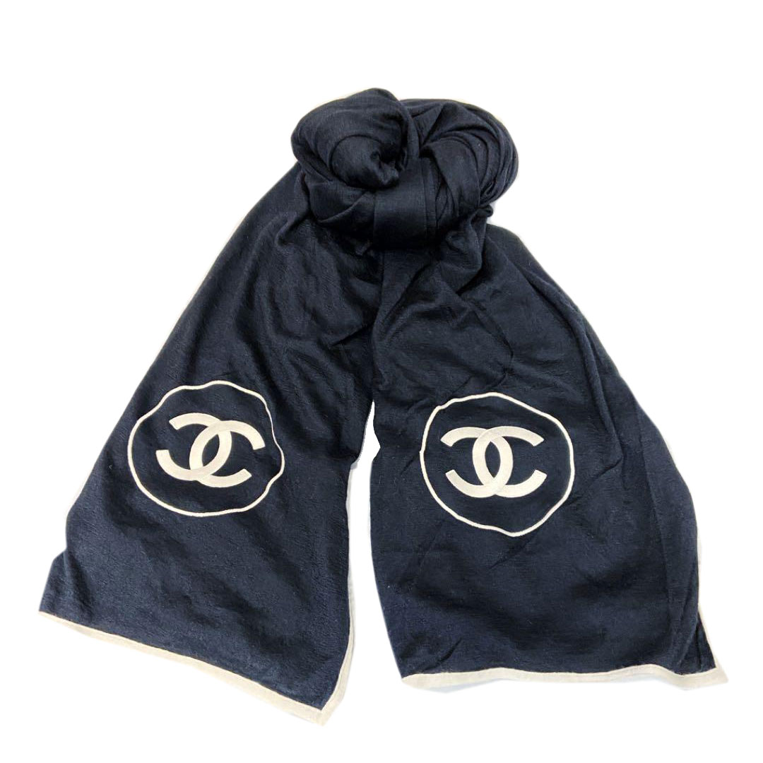 CHANEL シャネル マフラー ショール ストール ココマーク カシミヤ シルク ブラック ホワイト
