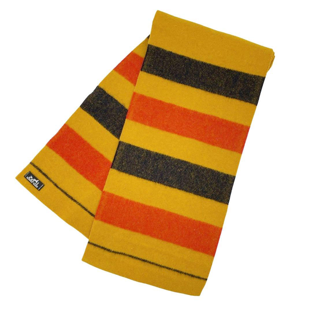 HERMES エルメス ロカバール マフラー ウール100％ マスタードイエロー オレンジ ネイビー
