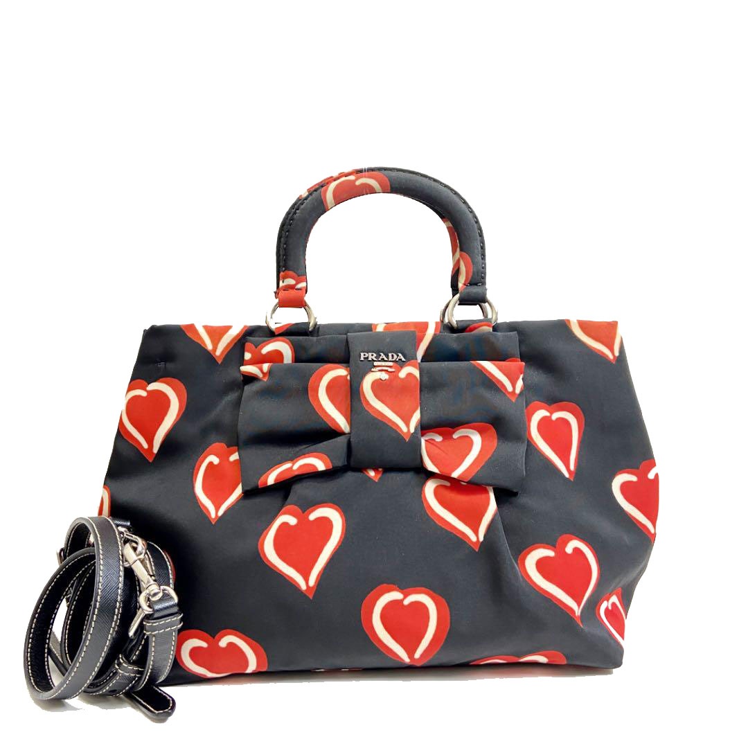PRADA プラダ 2WAYハンドバッグ ナイロン リボン ハート柄 ブラック レッド