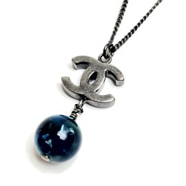 CHANEL シャネル ネックレス ココマーク カラーストーン 丸玉 ブルー ガンメタリック 10A