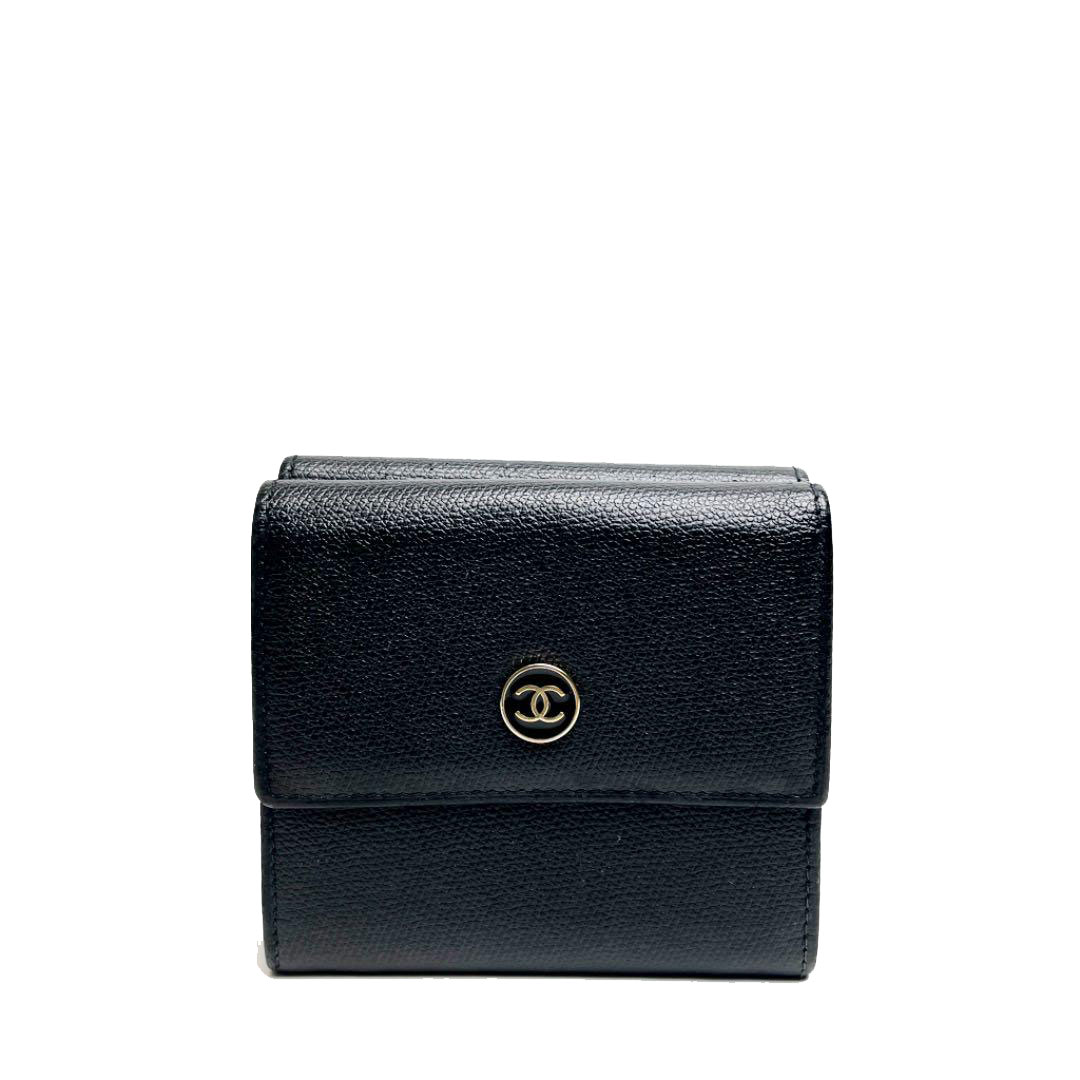 CHANEL シャネル 三つ折り財布 コンパクト財布 レザー ブラック 10番台