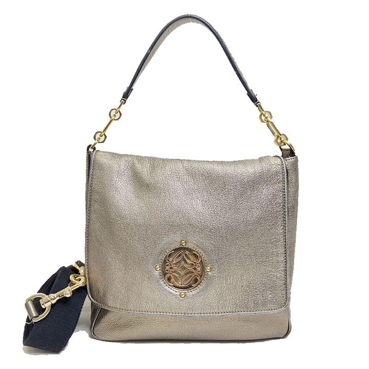 LOEWE ロエベ 2WAY ショルダーバッグ アナグラム レザー シャンパンゴールド系