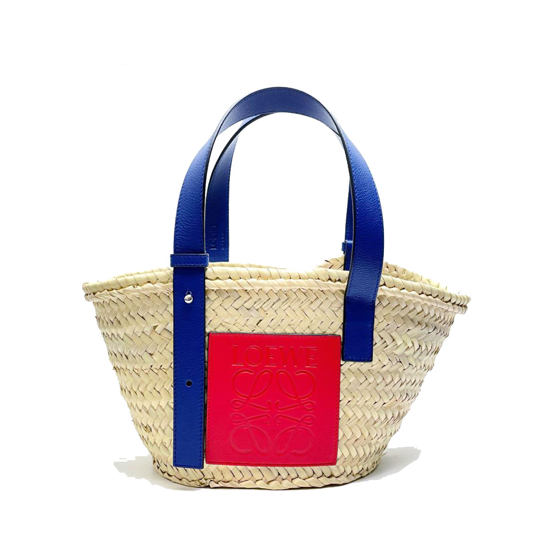 LOEWE ロエベ かごバッグ バスケットバッグ スモール ラフィア 椰子の葉 カーフスキン ナチュラル プライマリレッド ブルー