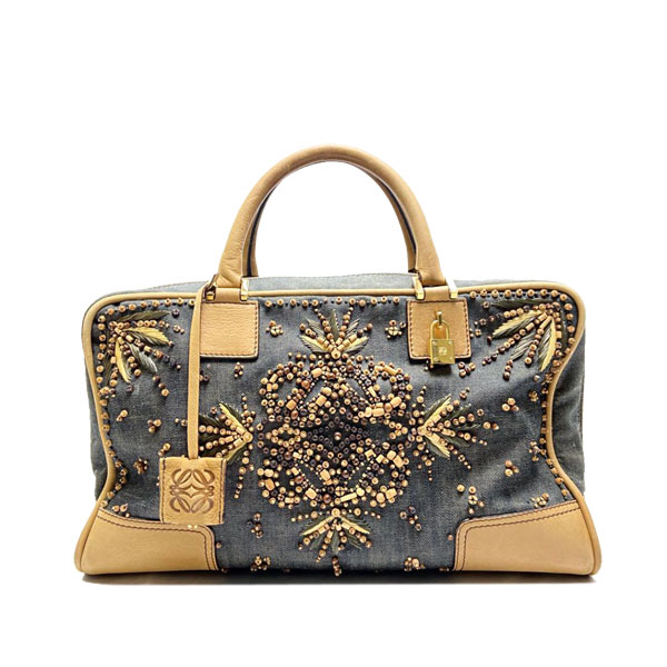 LOEWE ロエベ アマソナ36 ハンドバッグ ウッドビーズ キャンバス レザー インディゴブルー ブラウン系 2007年限定