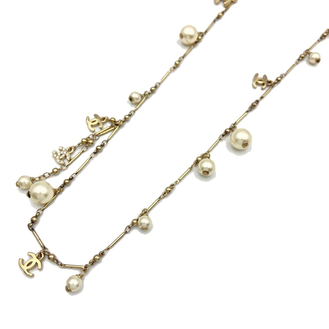 CHANEL シャネル ロングパールネックレス ラインストーンココマーク マットゴールド 11C