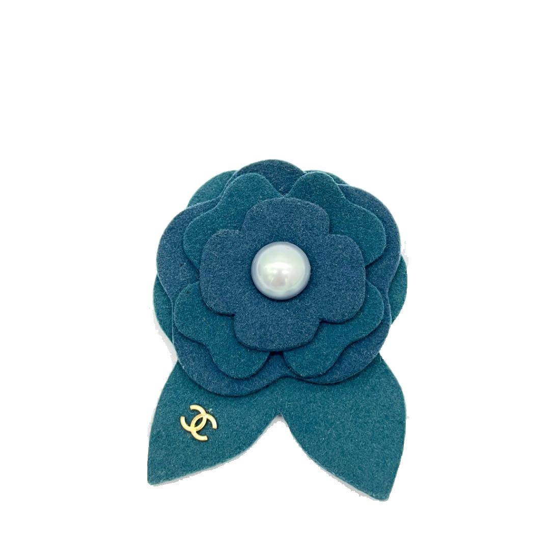 CHANEL シャネル ブローチ フェルト カメリア フェイクパール グリーン 02A