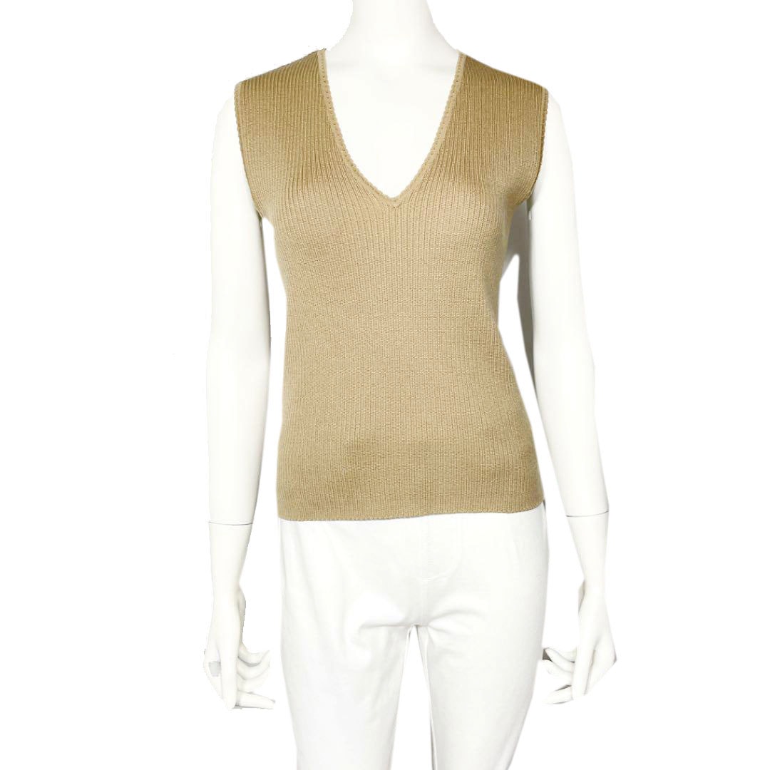 CHANEL シャネル ノースリーブ トップス 38 ウール ベージュ 99A 公式正規店 シャネルトップスノースリーブ38 Tシャツ/カットソー(半袖/袖なし)