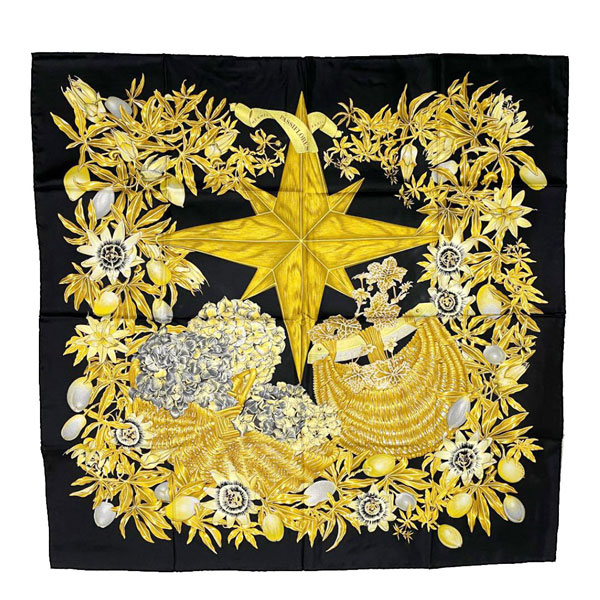 HERMES エルメス スカーフ カレ90  『PASSIFLORES（パッションフラワー）』 シルク ブラック ゴールド