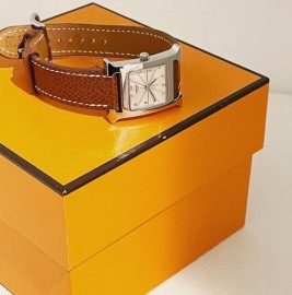 HERMES エルメス レディース腕時計 Hウォッチ QZ SS レザーベルト シルバー ブラウン ホワイト文字盤 □E刻印 HH1.210