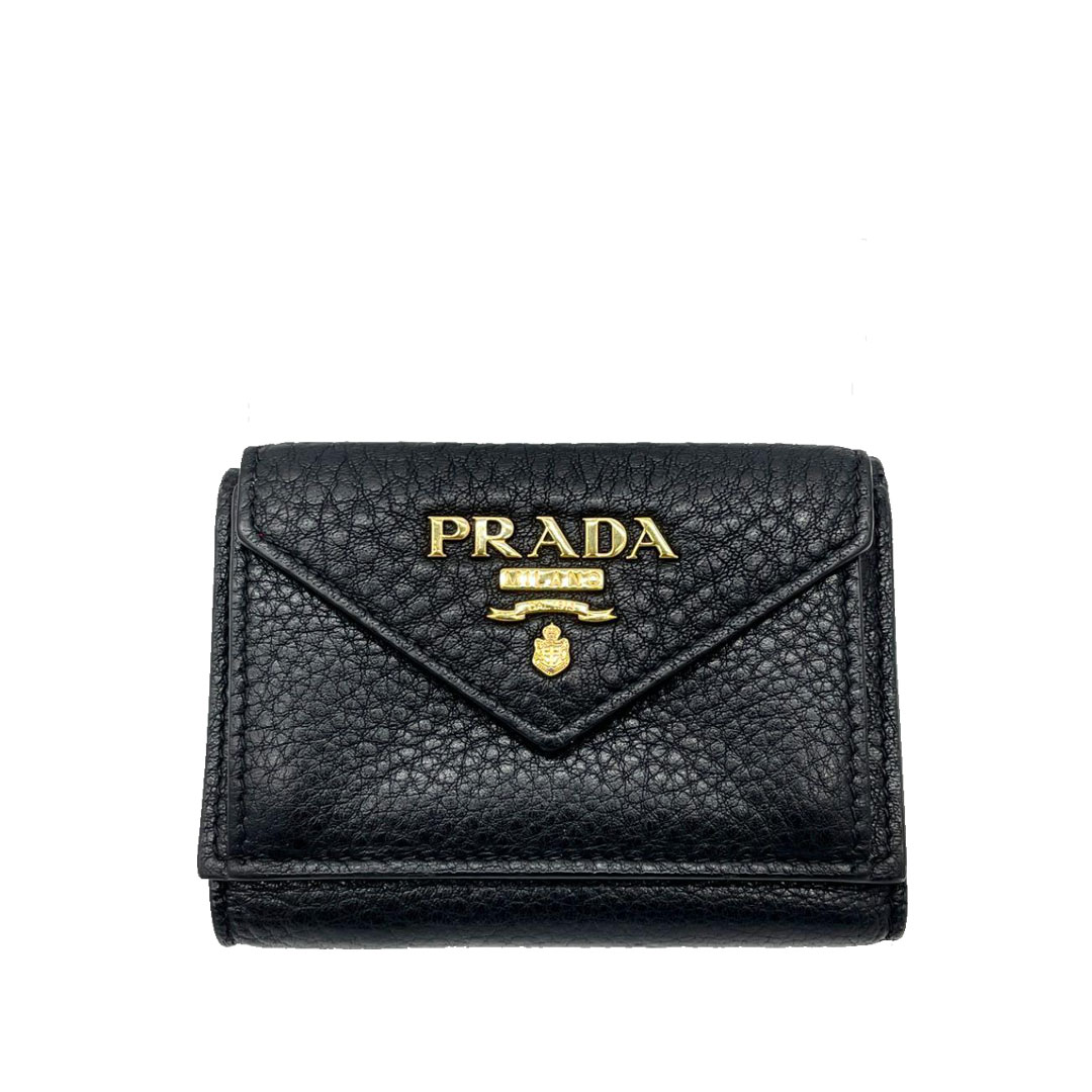 PRADA プラダ 3つ折り コンパクト財布 ミニウォレット レザー ブラック レッド 1MH021