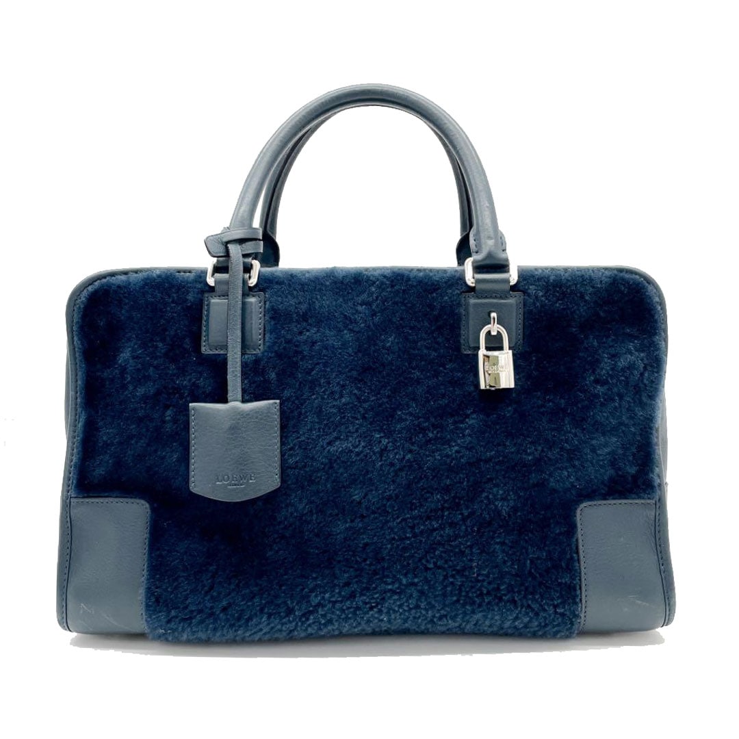 LOEWE ロエベ アマソナ36 ハンドバッグ ムートン レザー ネイビー シルバー金具