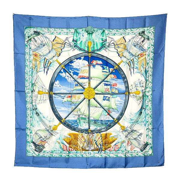 HERMES エルメス スカーフ カレ90 『VIVE LE VENT （風よ吹け）』 帆船柄 シルク ブルー