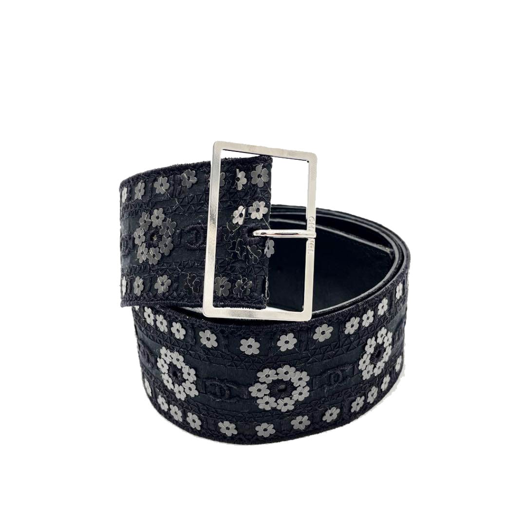 CHANEL シャネル ベルト 06P テキスタイル スパンコール 刺繍 レザー ブラック レディース