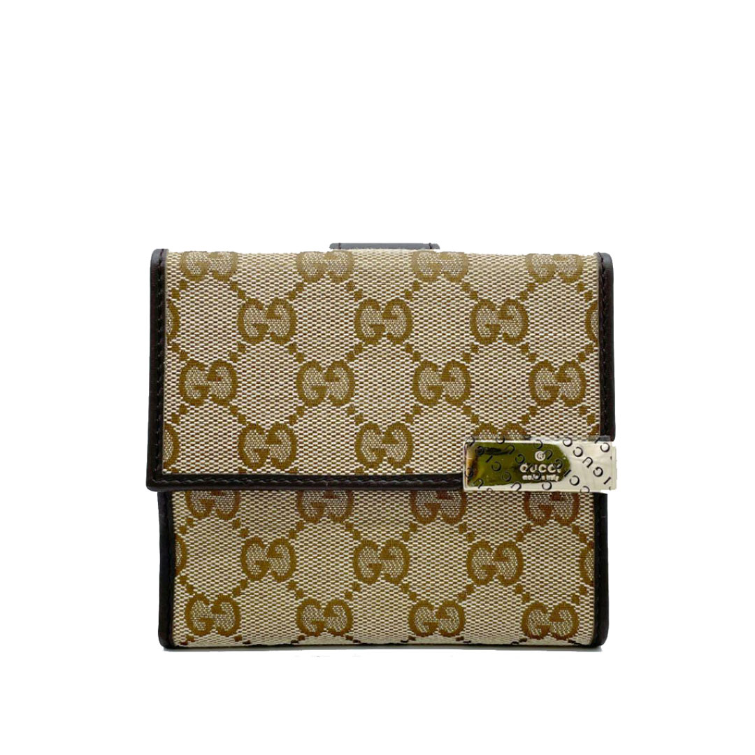 GUCCI グッチ Wホック 二つ折財布 GGキャンバス レザー プレート ベージュ ブラウン 257015