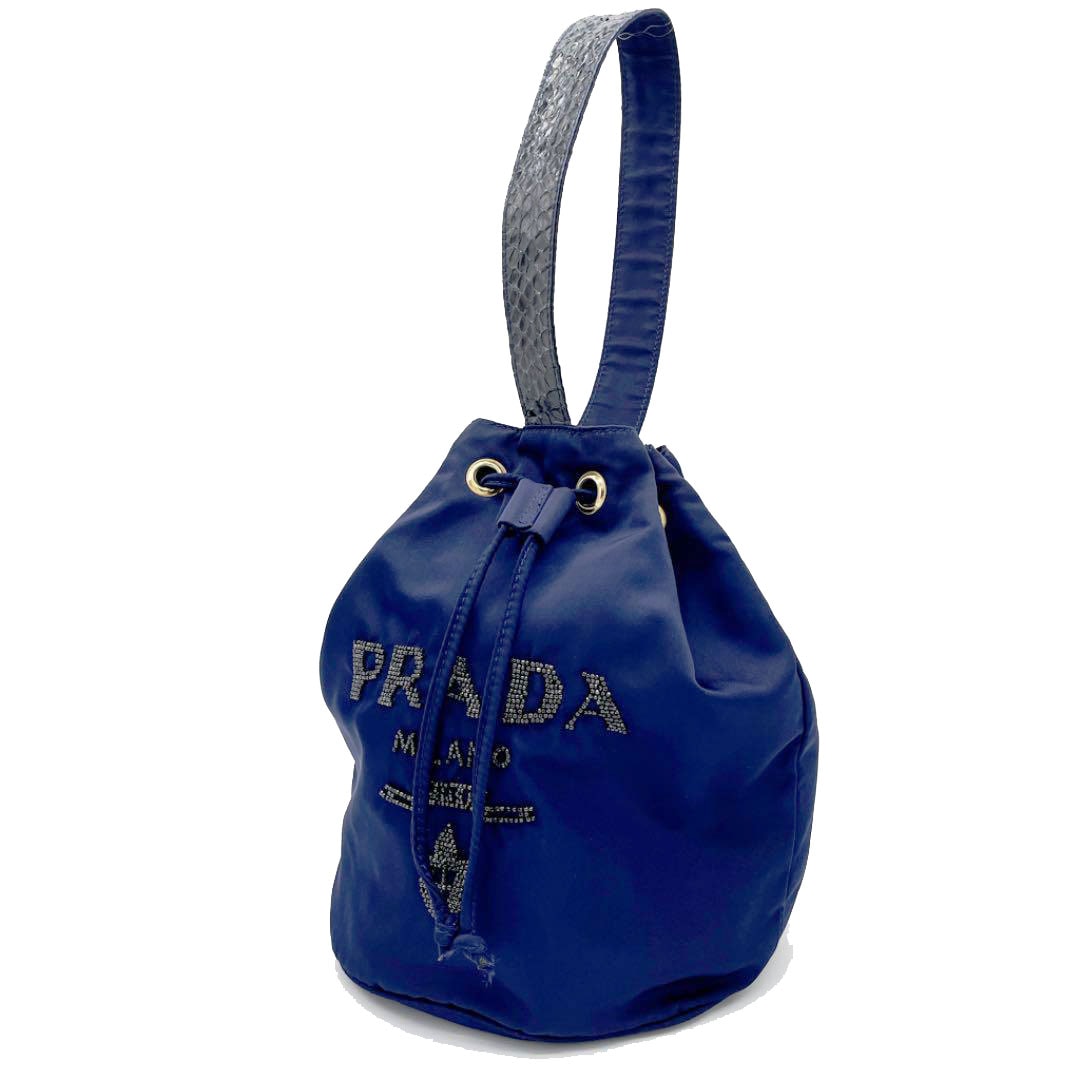 PRADA プラダ 巾着型 ショルダーバッグ ビーズロゴ テスートナイロン パイソン ネイビー系