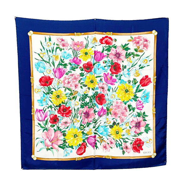 GUCCI グッチ スカーフ フローラ 花柄 シルク ネイビー ホワイト マルチカラー