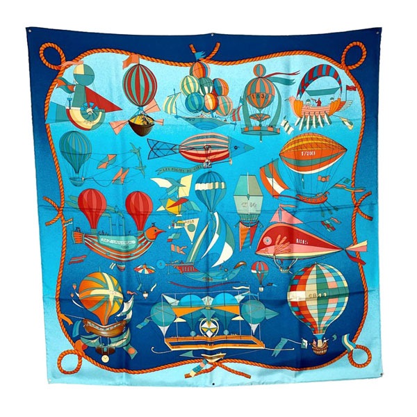 HERMES エルメス スカーフ カレ90  『LES FOLIES DU CIEL （大気の狂気）』 シルク 気球 飛行船 ブルー