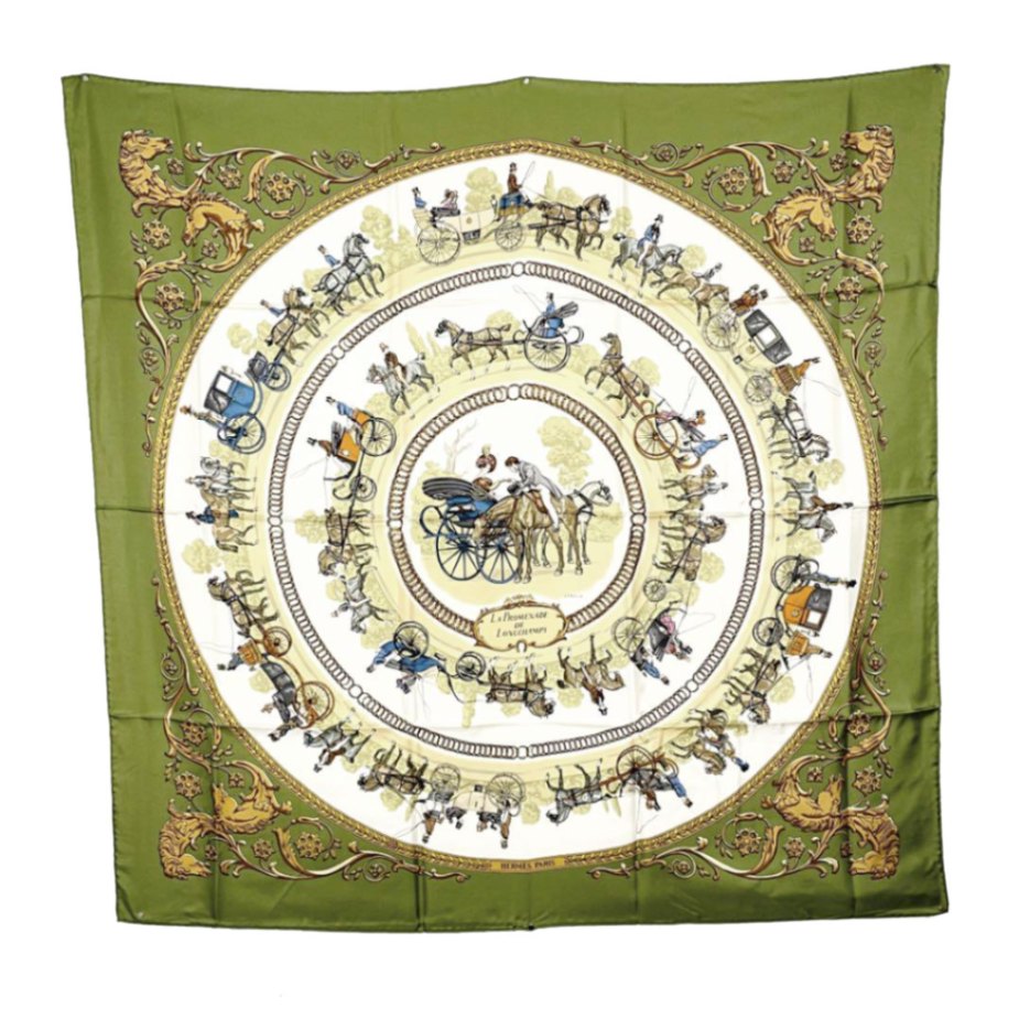 HERMES エルメス スカーフ カレ90 『LA PROMENADE DE LONGCHAMPS （ロンシャンへの散歩）』シルク グリーン ベージュ ゴールド