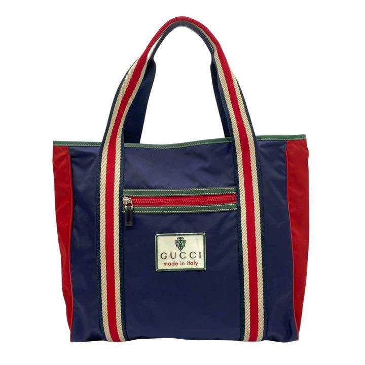 GUCCI グッチ トートバッグ シェリーライン ナイロン ネイビー レッド